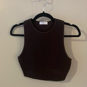 NWOT. Babaton Ribbed High Neck Cropped Top. Medium. Chocolate Brown.